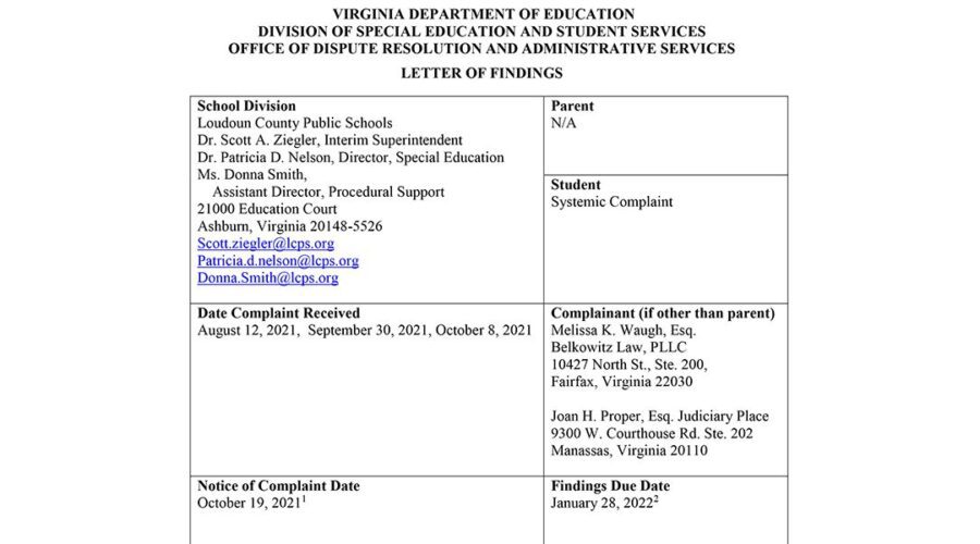 1.28.22 VDOE systemic letter of findings on Loudon County Public Schools