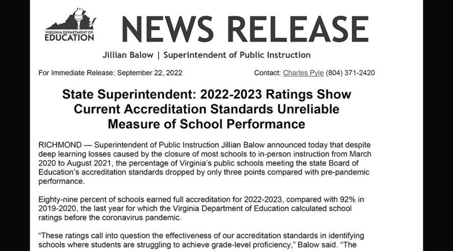 Virginia State Superintendent Admits Accreditation Standards are Unreliable Measure of School Performance; Number of Failing Students Tripled in Reading, Quadrupled in Math