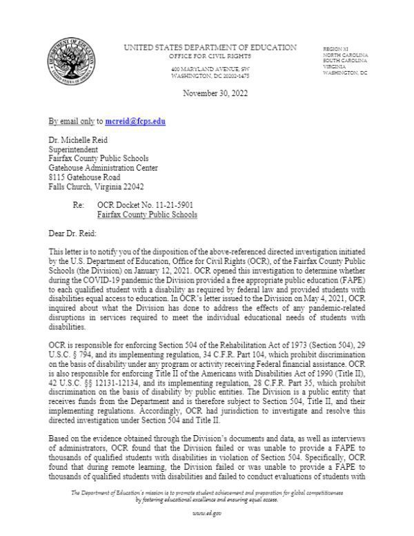 Office of Civil Rights Finds Fairfax County Public Schools in ...