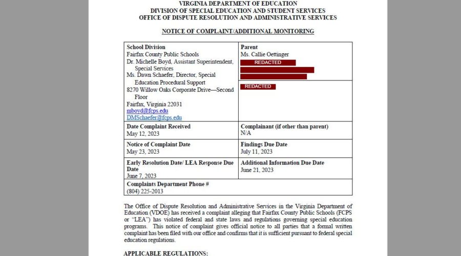 VDOE Opens Systemic Complaint on FCPS: Denial of FAPE to Preschool, Honors, Foreign Language, and Day School Students