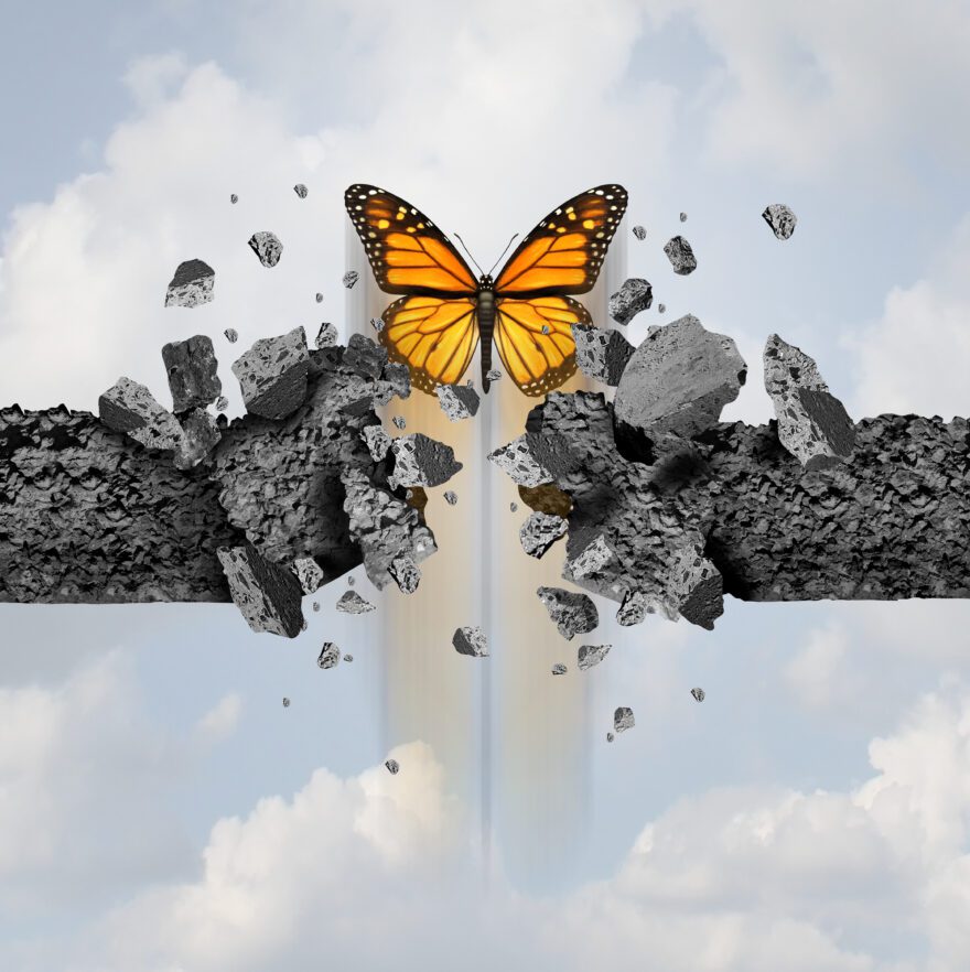 Idea Of Strength Idea of strength and unstoppable power concept as a butterfly breaking through a cement wall in a 3D illustration style.