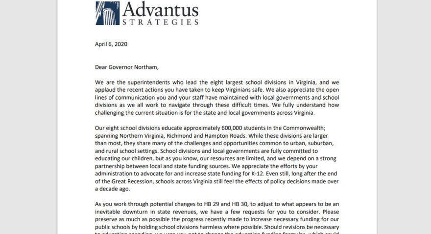 4.6.20 letter from Virginia's Big 8 Superintendents to Governor Northam