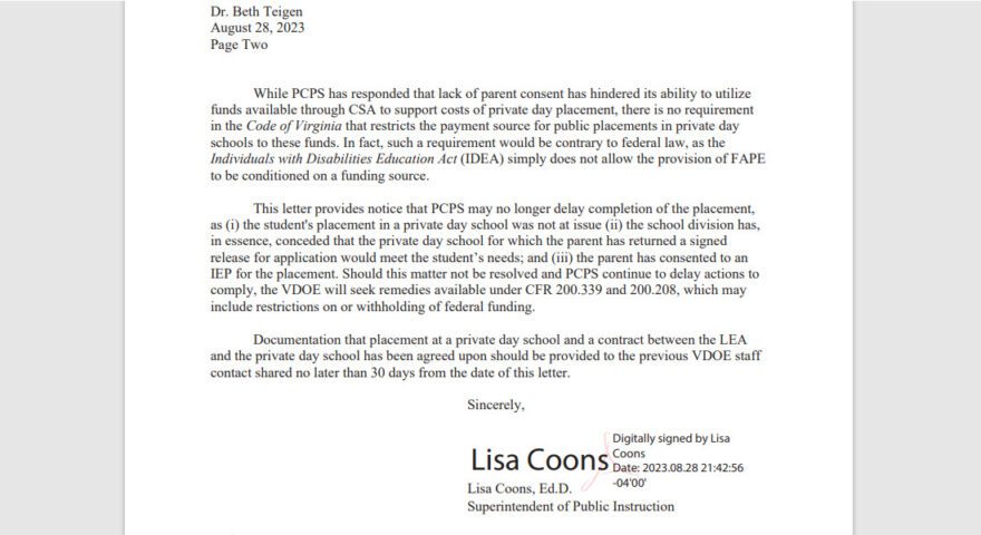 8.28.23 notice letter from VDOE Lisa Coons to Powhatan County Public Schools